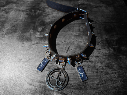 Stainless steel sigil & Symbol of Lilith Black Faux Leather Spiked Collar 2 : Goth Witchy Killstar