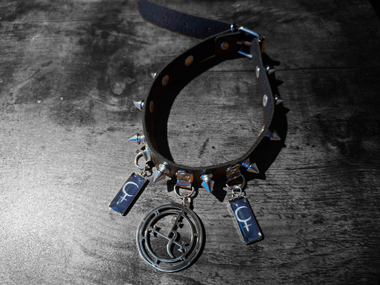 Stainless steel sigil & Symbol of Lilith Black Faux Leather Spiked Collar 2 : Goth Witchy Killstar