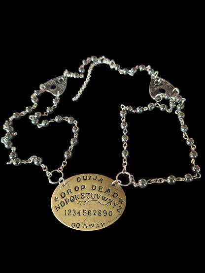 black hammerite double layer rosary , Paranormal spirit board,ouija planchette :gothic witchy occult jewelry