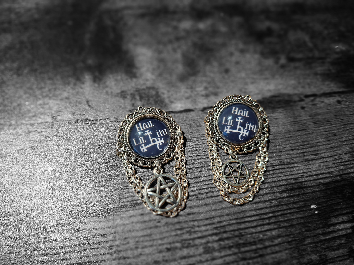 Ornate brooch/pin "Hail Lilith " with choice of Pentergram :goth witchy killstar