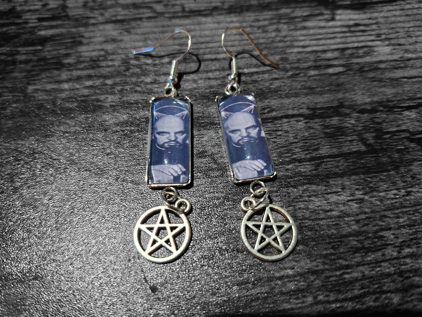 Stainless Steel rectangle image earrings, Satanic Anton LaVey inspired with inverted pentagram