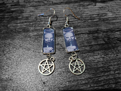 Stainless Steel rectangle image earrings, Satanic Anton LaVey inspired with inverted pentagram