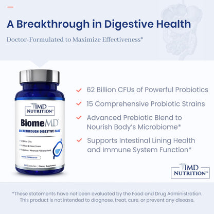 BiomeMD Probiotics by 1MD Nutrition — 62B CFUs, 15 Strains + Prebiotics | Digestive & Immune Support | 60 Capsules