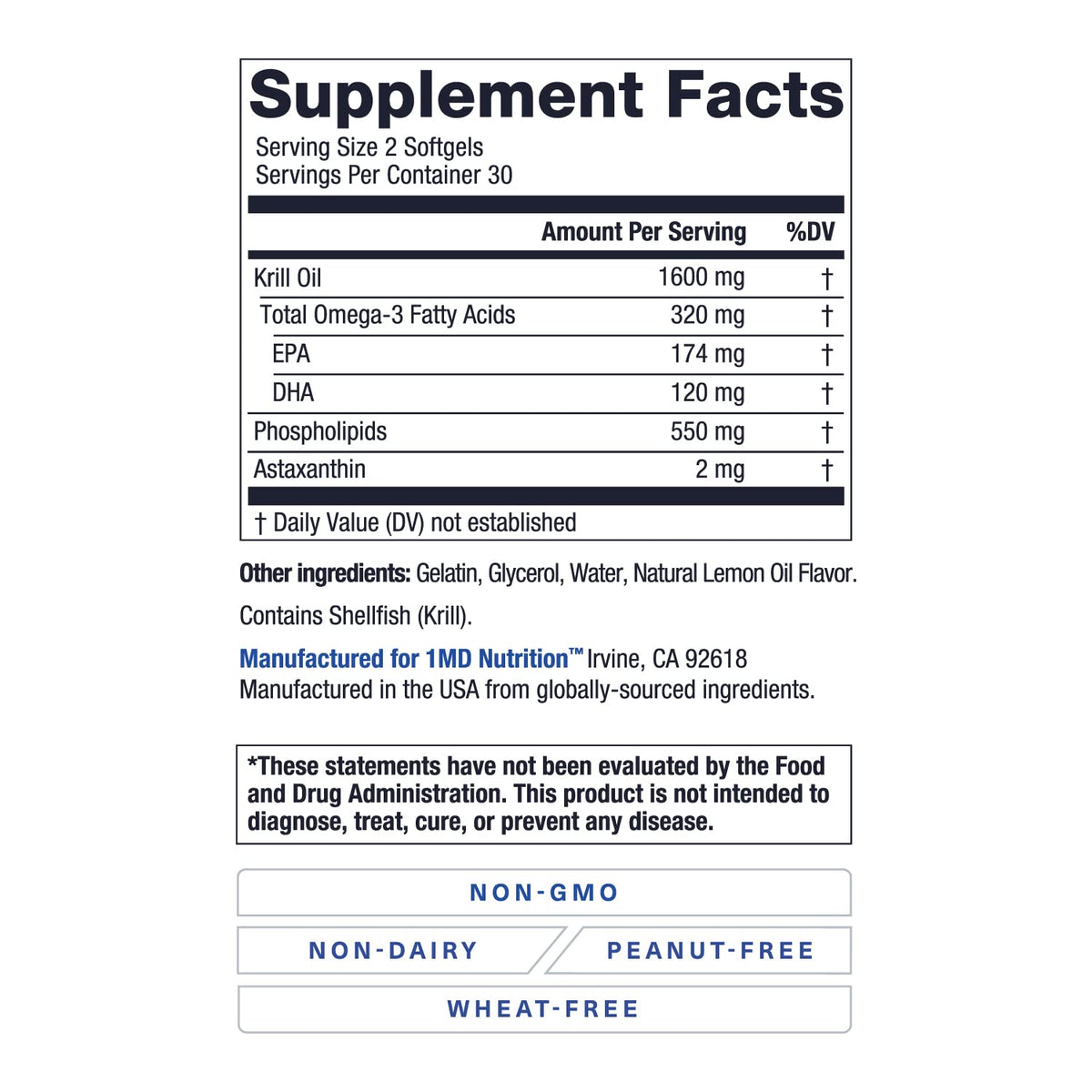 1MD KrillMD - Antarctic Krill Oil Omega-3 with Astaxanthin, EPA & DHA | 60 Softgels (2-Pack)