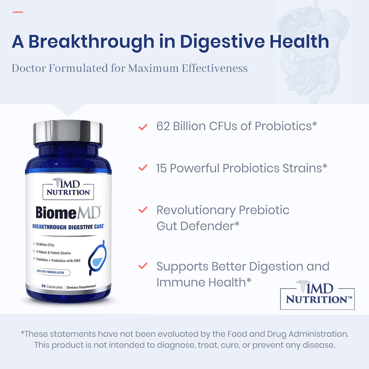 BiomeMD Probiotics by 1MD Nutrition | 62B CFUs, 15 Strains + Prebiotics | Digestive & Immune Support | 30 Capsules