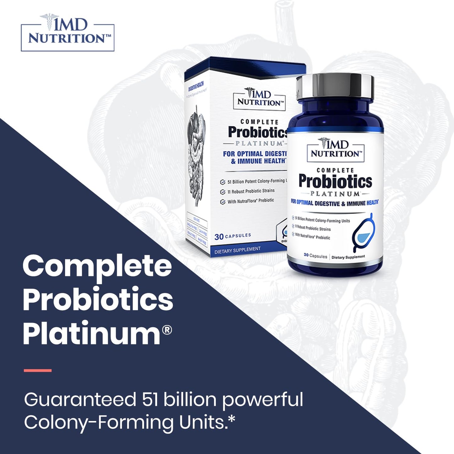 1MD Nutrition Complete Probiotics Platinum – 51B CFU, 11 Strains, Dairy-Free, 30 Capsules