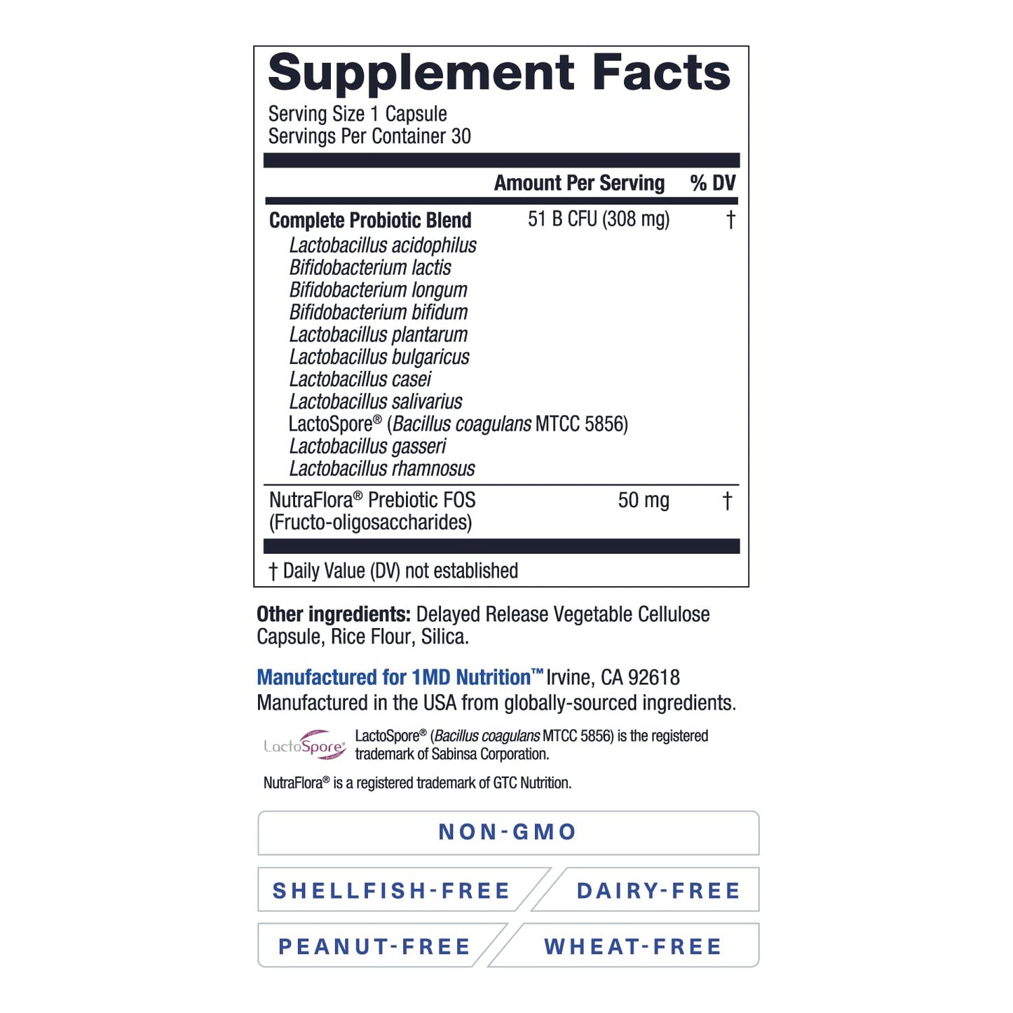 1MD Nutrition Complete Probiotics Platinum – 51B CFU, 11 Strains, Dairy-Free, 30 Capsules