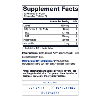 1MD KrillMD Antarctic Krill Oil Omega-3 with Astaxanthin | 60 Softgels | 2x More Effective Than Fish Oil
