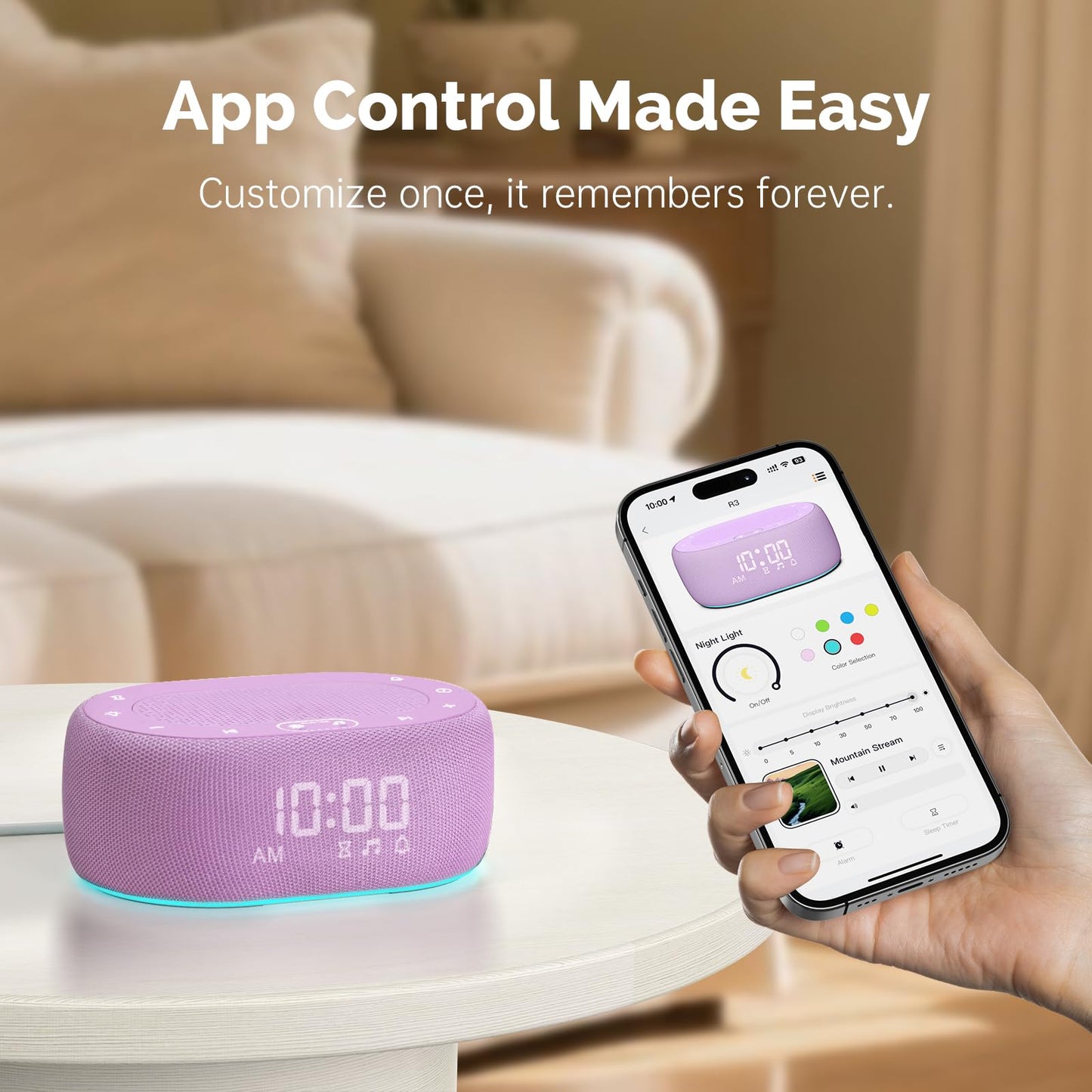1Mii Purple White Noise Sleep Machine – 18 Sounds, Night Light, App Control, Alarm & Timer