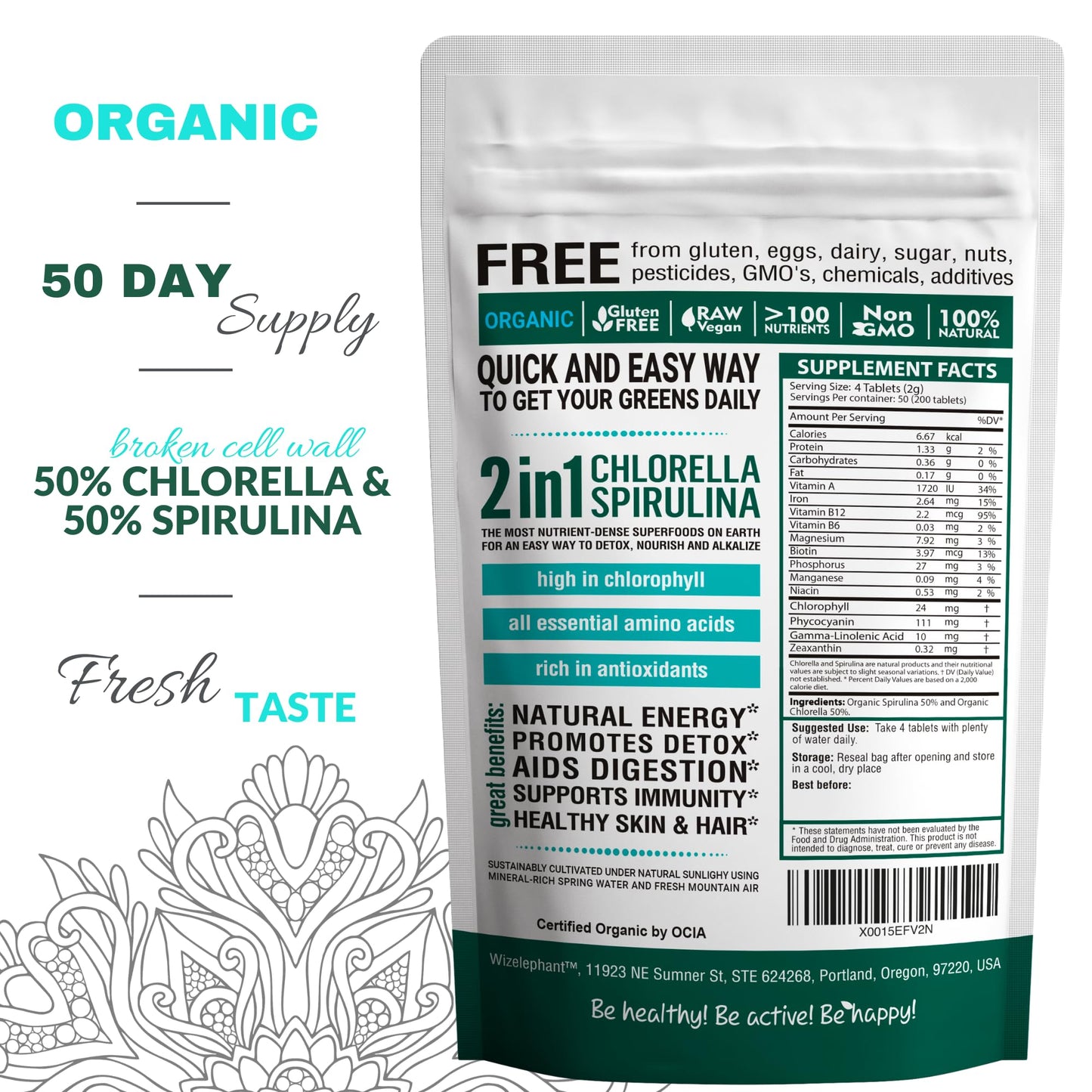 Organic Spirulina Chlorella Tablets – 50 Servings | 2-in-1 Algae Supplement with Broken Cell Wall for Immune Support, Detox & Energy