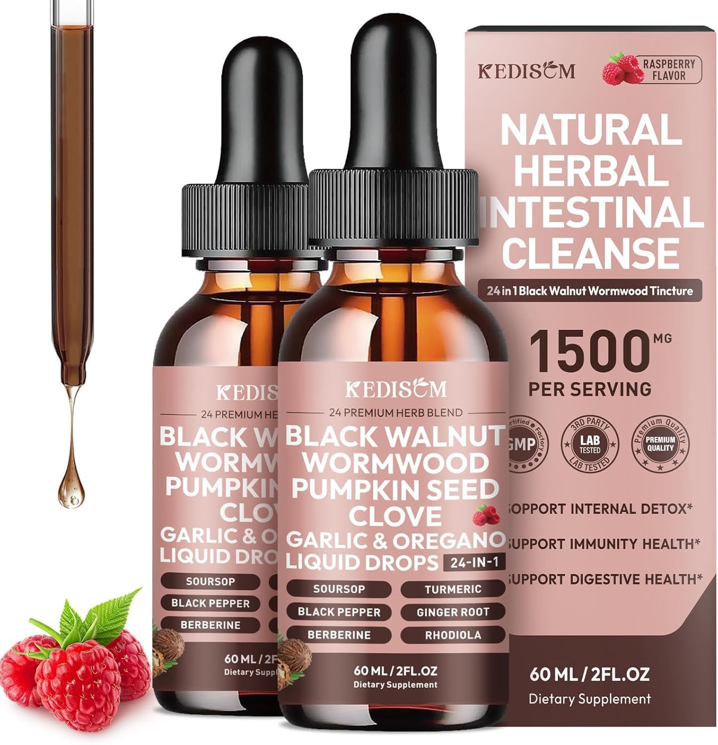 2 Pack 24-in-1 Black Walnut Wormwood Tincture – Alcohol-Free, Raspberry