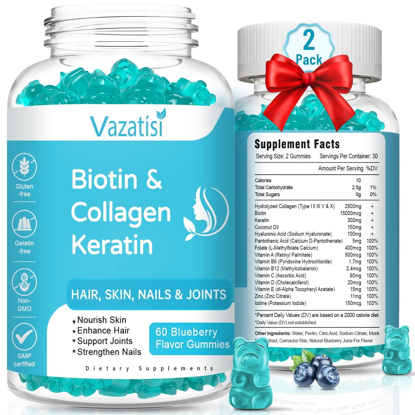 2 Pack Biotin Gummies with Collagen & Keratin for Hair Skin Nails - Women Men Kids - 120 Blueberry Flavored Gummies