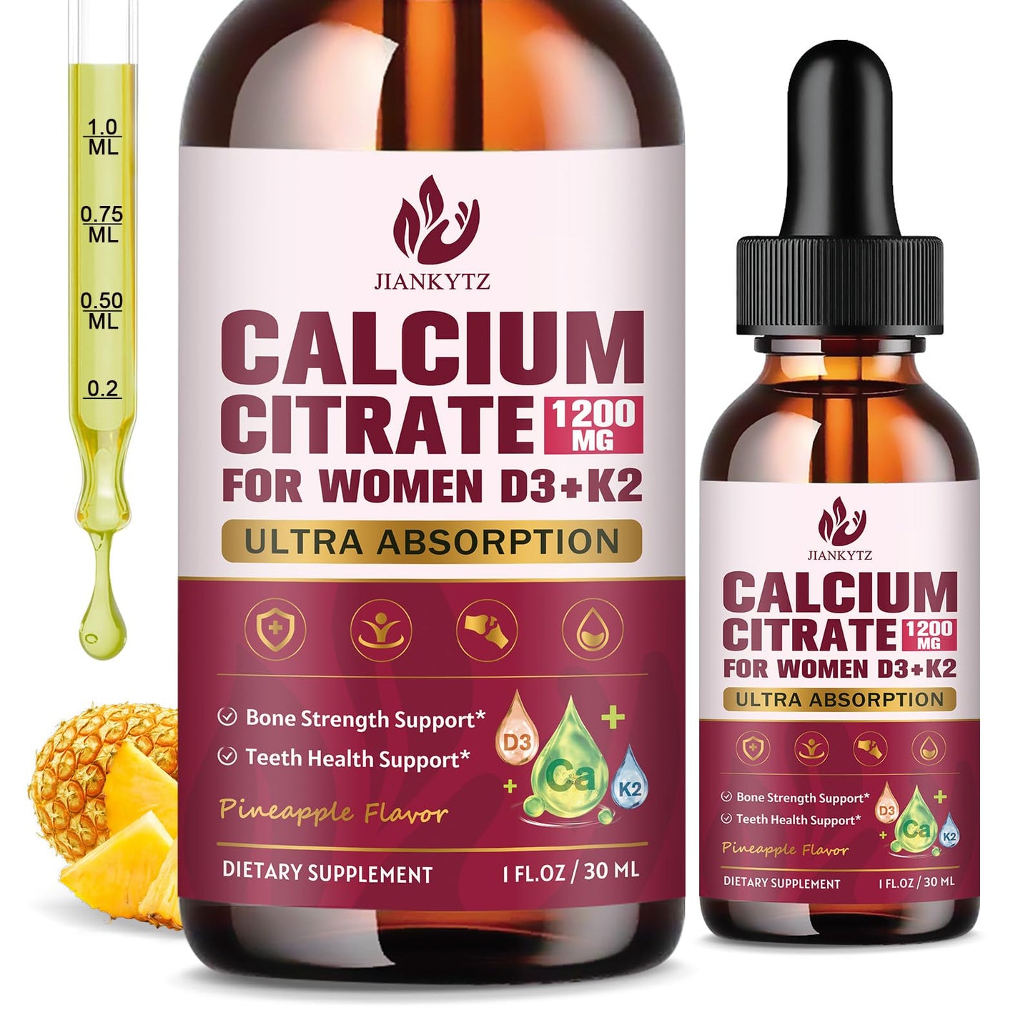 (2 Pack) Calcium Citrate with Vitamin D3 Liquid Drops for Women – 1200mg Absorption, Vitamin K2, 1 Fl Oz