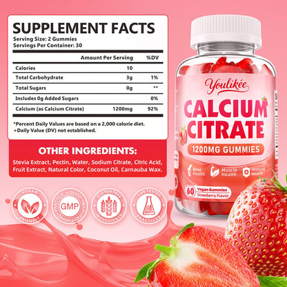 2-Pack Calcium Citrate Gummies 1200mg – Vegan, Strawberry, 120 Count