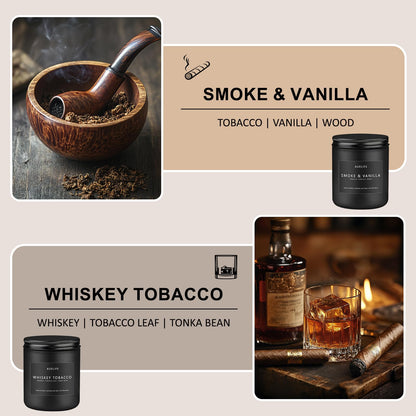 2 Pack Candle – Smoke & Vanilla + Whiskey Tobacco | Masculine Soy Candles for Men, 7oz Each