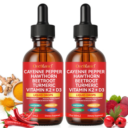 2 Pack Cayenne Pepper Drops – Organic Cayenne, Hawthorn, Beet Root, Turmeric, K2 & D3 | Vegan
