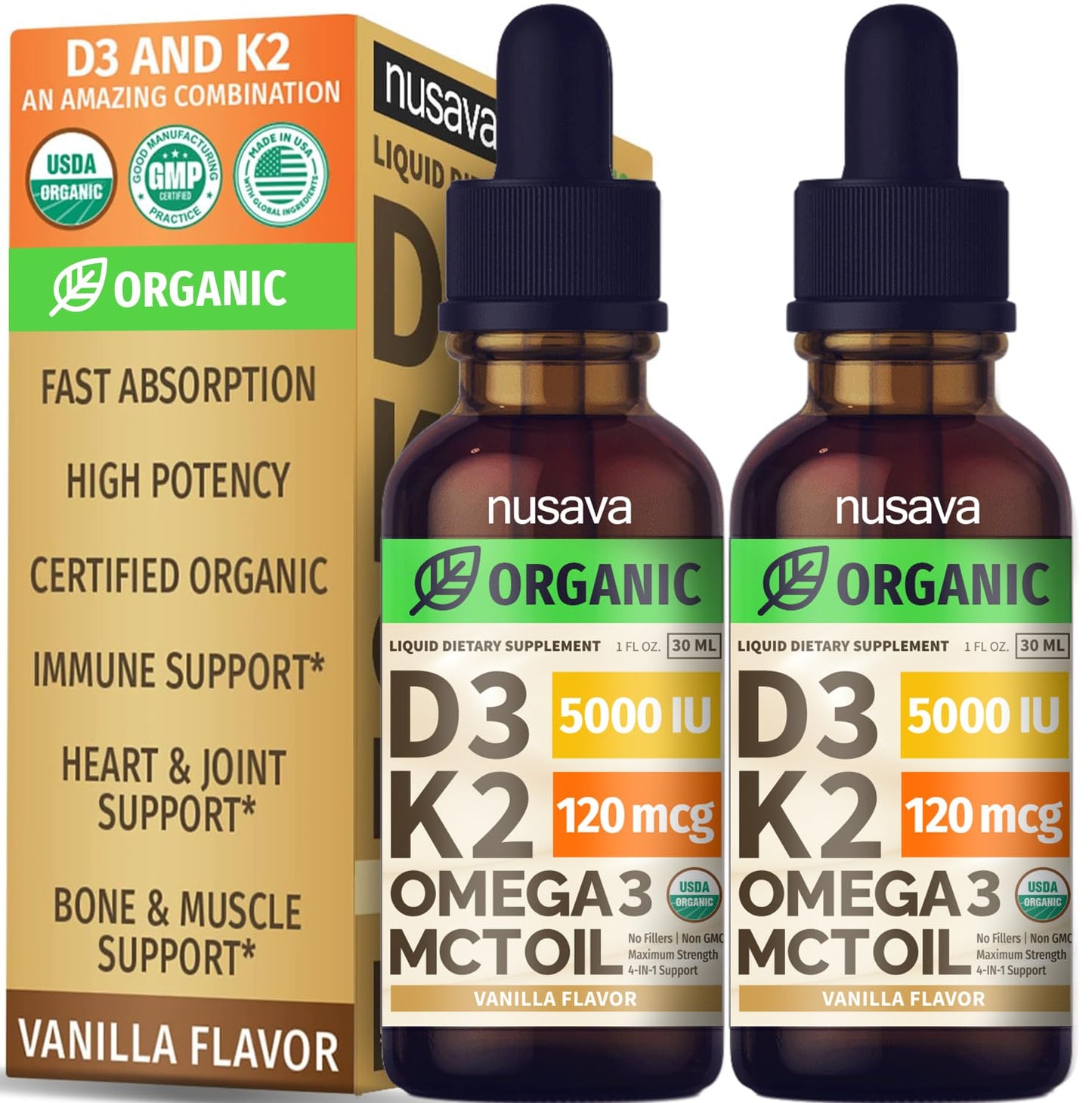 (2 Pack) Organic Vitamin D3 K2 Drops with MCT Oil | 5000 IU, Non-GMO, Vanilla
