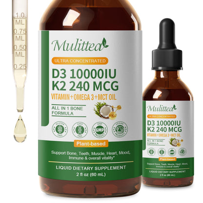 2 Pack Organic Vitamin D3 K2 Liquid with Vegan Omega-3 & Coconut MCT Oil | 10000 IU