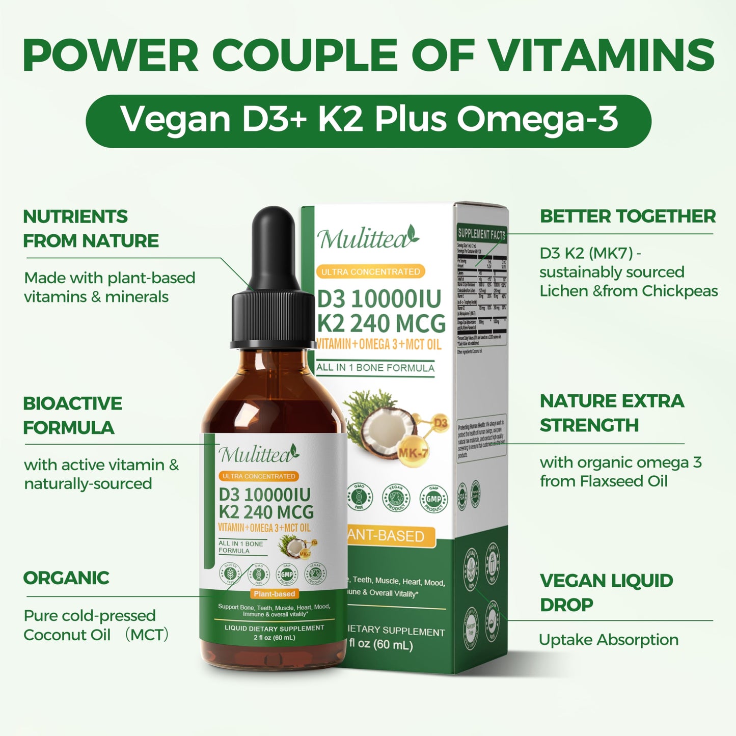 2 Pack Organic Vitamin D3 K2 Liquid with Vegan Omega-3 & Coconut MCT Oil | 10000 IU