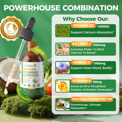 2 Pack Organic Vitamin D3 K2 Liquid with Vegan Omega-3 & Coconut MCT Oil | 10000 IU