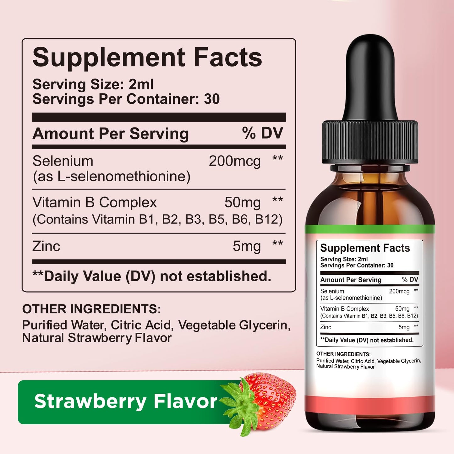 2 Pack Selenium Liquid Drops - 200mcg, Vitamin B Complex & Zinc, Strawberry Flavor | Immune Support & Heart Health