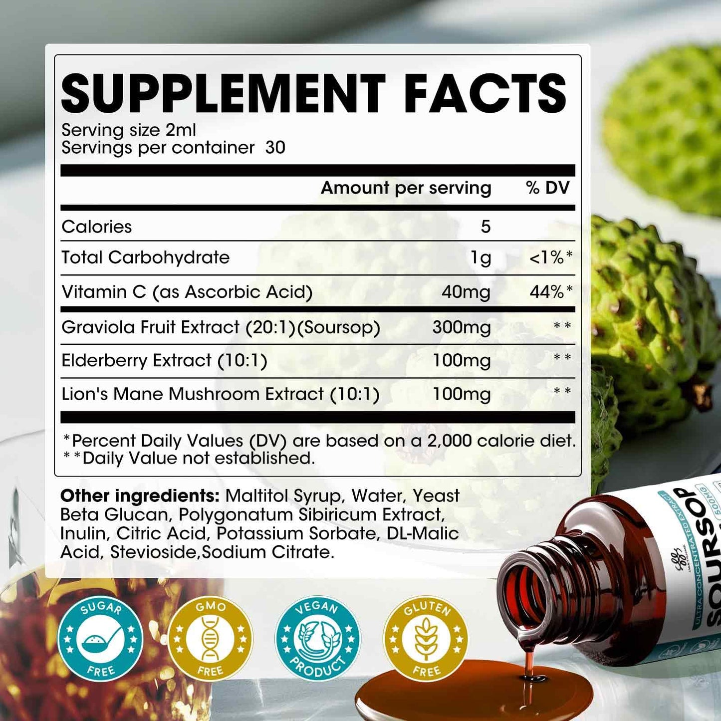 (2 Pack) Soursop Graviola Liquid Drop with Elderberry & Lion's Mane — Immune & Gut Support