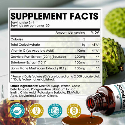 (2 Pack) Soursop Graviola Liquid Drop with Elderberry & Lion's Mane — Immune & Gut Support