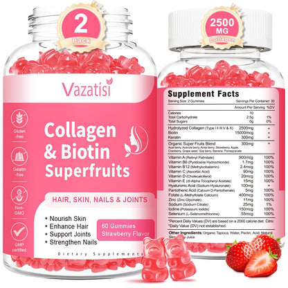 2 Pack Sugar Free Collagen Gummies for Women and Men – Multi-Collagen I-V X, Biotin, Strawberry 120 Count