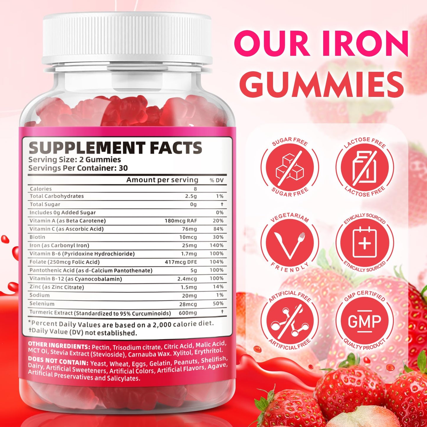 2 Pack Vegan Iron Gummies for Adults & Kids – Vitamin C, B-Complex & Zinc | 120 Gummies