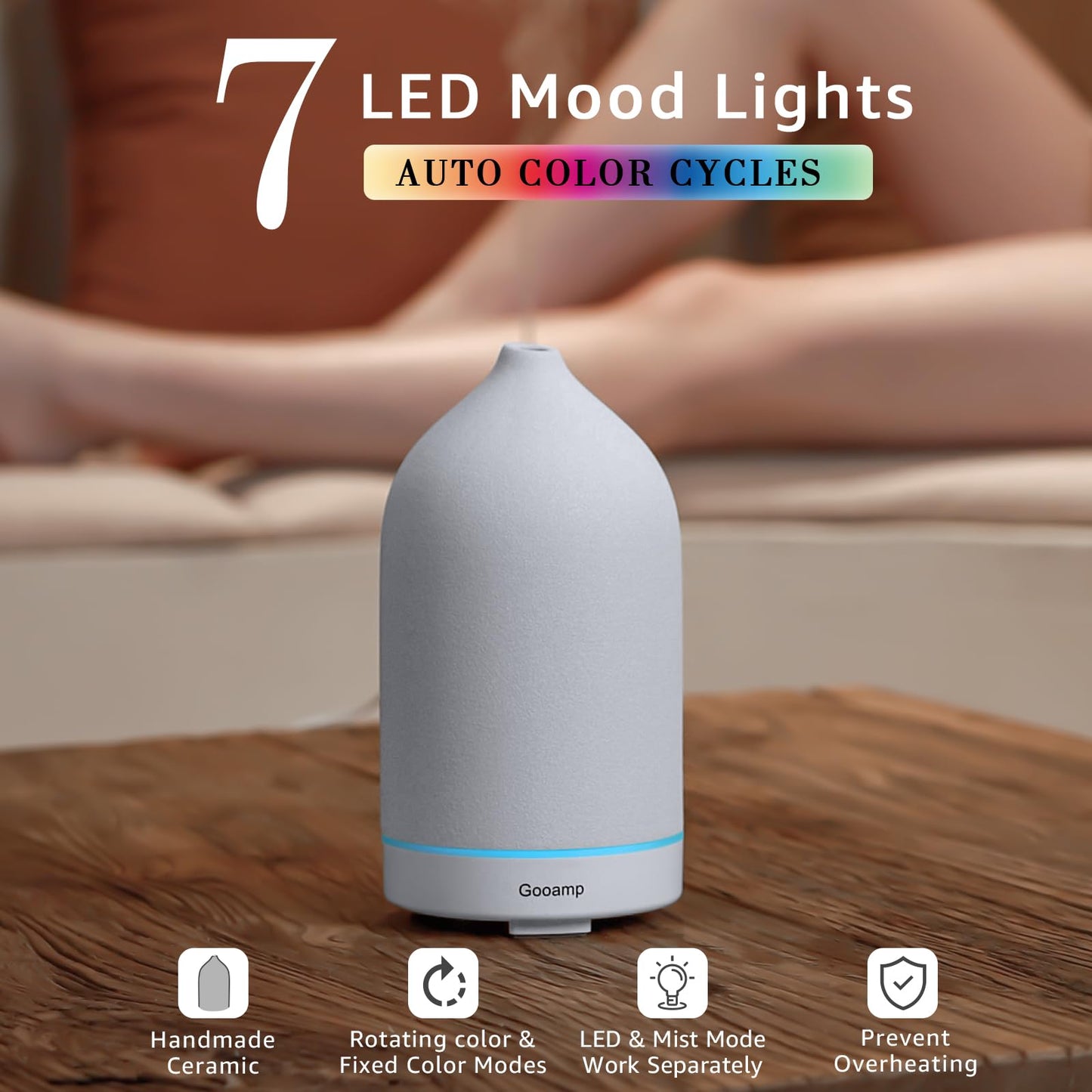 200ML Ceramic Essential Oil Diffuser – Ultrasonic Humidifier with 7-Color LED & Auto Shut-Off