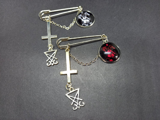 "Hail Satan / Ave Satanas" Baphomet ,sigil of satan and inverted cross with chain kilt pin brooch