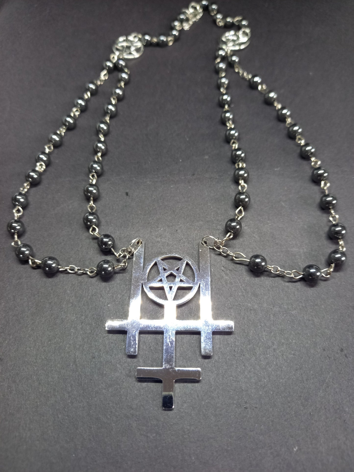 Occult "Satanic Trinity ,three inverted crosses with inverted pentagram" double layer rosary