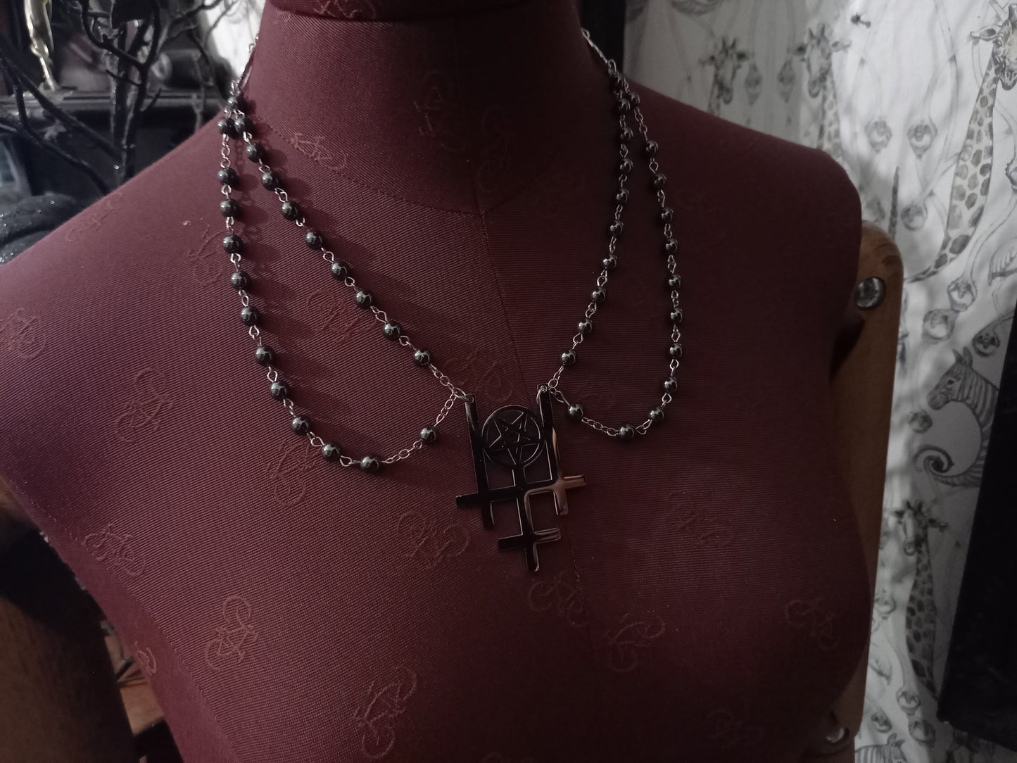 Occult "Satanic Trinity ,three inverted crosses with inverted pentagram" double layer rosary