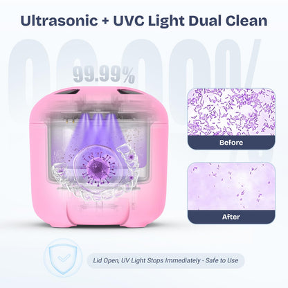 2025 Ultrasonic Retainer Cleaner – 45KHz 25W with Drying, UVC Light, Removable Tank | Pink