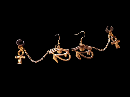 Earings , " Eye of Horus" with chain and ear cuff and small ankh :goth witchy