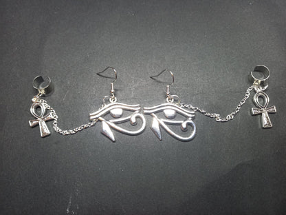 Earings , " Eye of Horus" with chain and ear cuff and small ankh :goth witchy