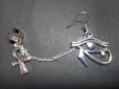 Earings , " Eye of Horus" with chain and ear cuff and small ankh :goth witchy