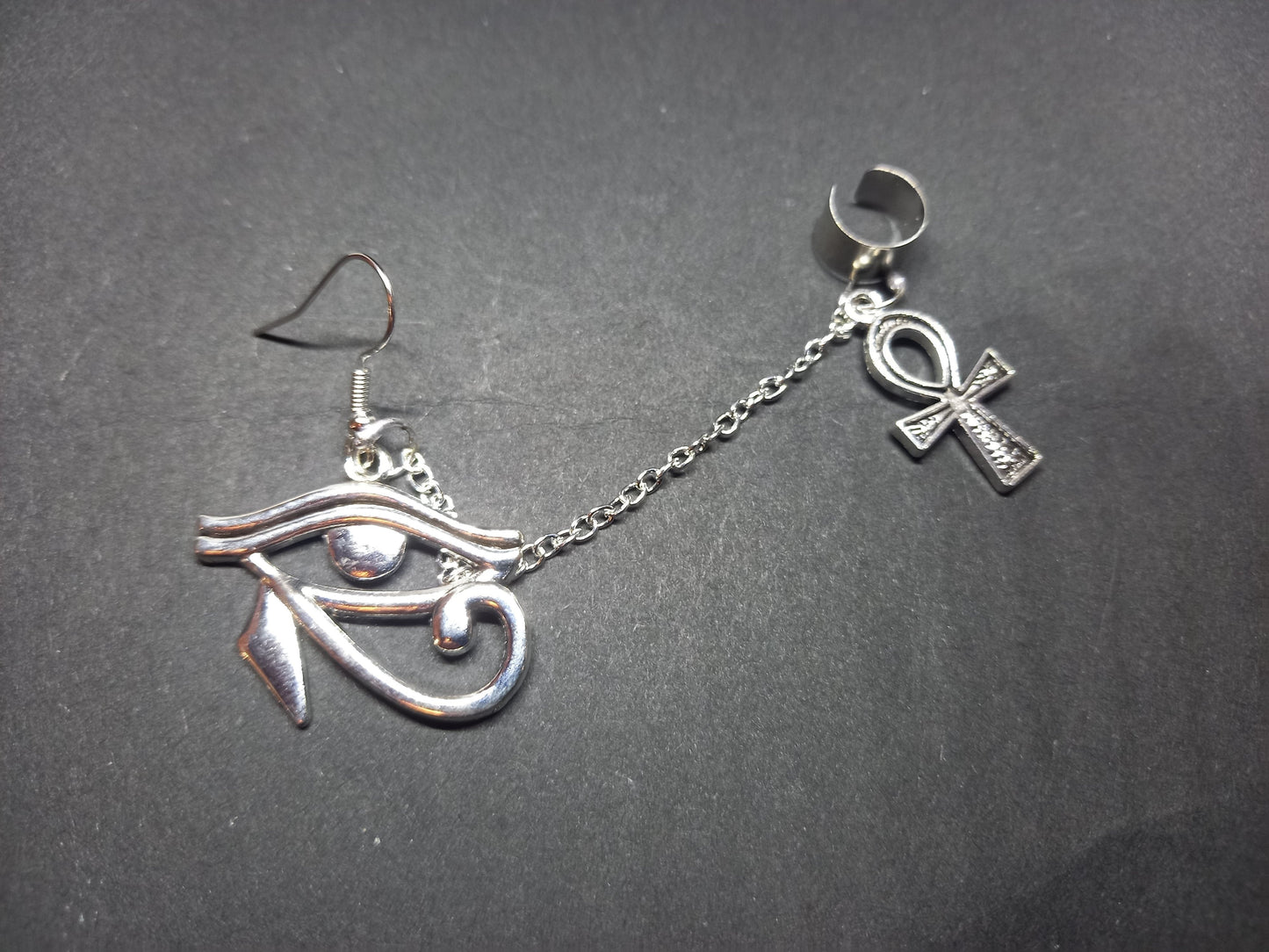 Earings , " Eye of Horus" with chain and ear cuff and small ankh :goth witchy