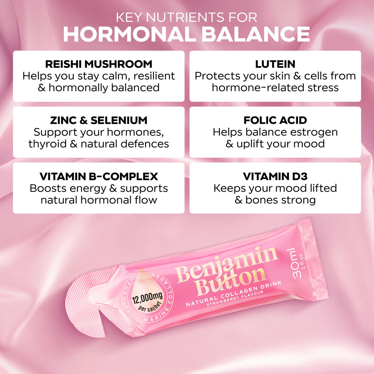 Benjamin Button 12,000mg Marine Collagen Drink - Strawberry Liquid Sachets - 14 Sachets - Perimenopause Support