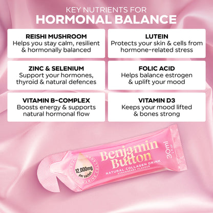 Benjamin Button 12,000mg Marine Collagen Drink - Strawberry Liquid Sachets - 14 Sachets - Perimenopause Support