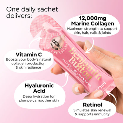 Benjamin Button 12,000mg Marine Collagen Drink - Strawberry Liquid Sachets - 14 Sachets - Perimenopause Support