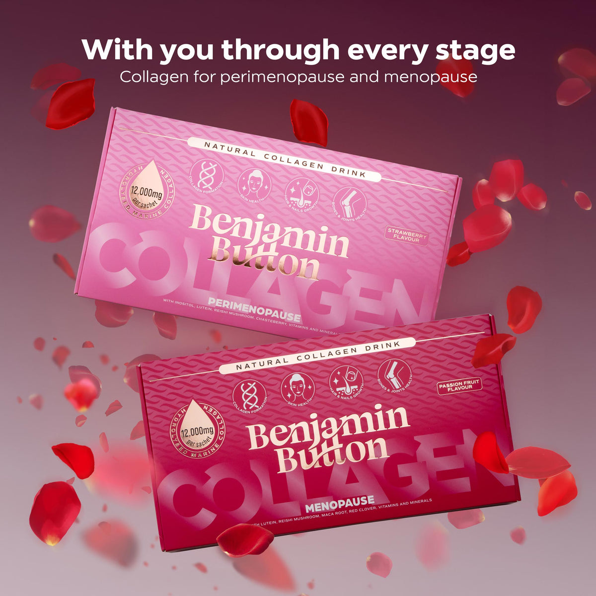 Benjamin Button 12,000mg Marine Collagen Drink - Strawberry Liquid Sachets - 14 Sachets - Perimenopause Support