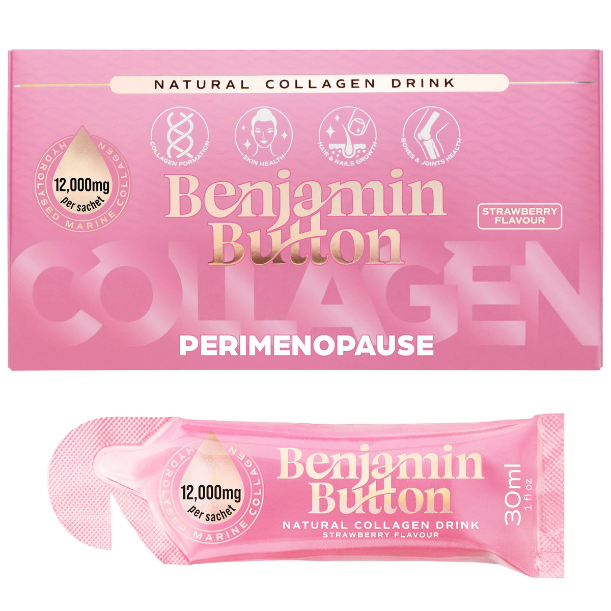 Benjamin Button 12,000mg Marine Collagen Drink - Strawberry Liquid Sachets - 14 Sachets - Perimenopause Support