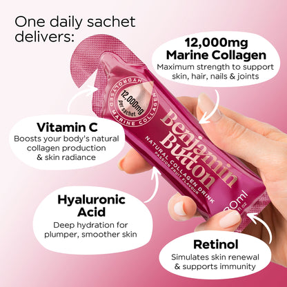 Benjamin Button 12,000mg Marine Collagen Drink - Passionfruit Liquid Sachets - 14 Sachets - Menopause Support