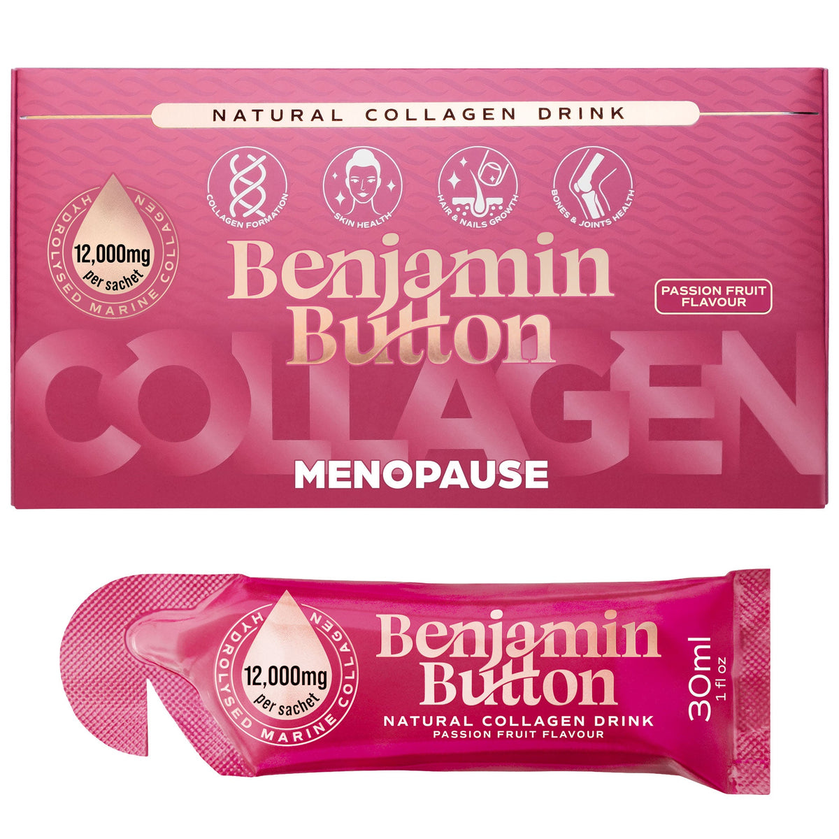 Benjamin Button 12,000mg Marine Collagen Drink - Passionfruit Liquid Sachets - 14 Sachets - Menopause Support