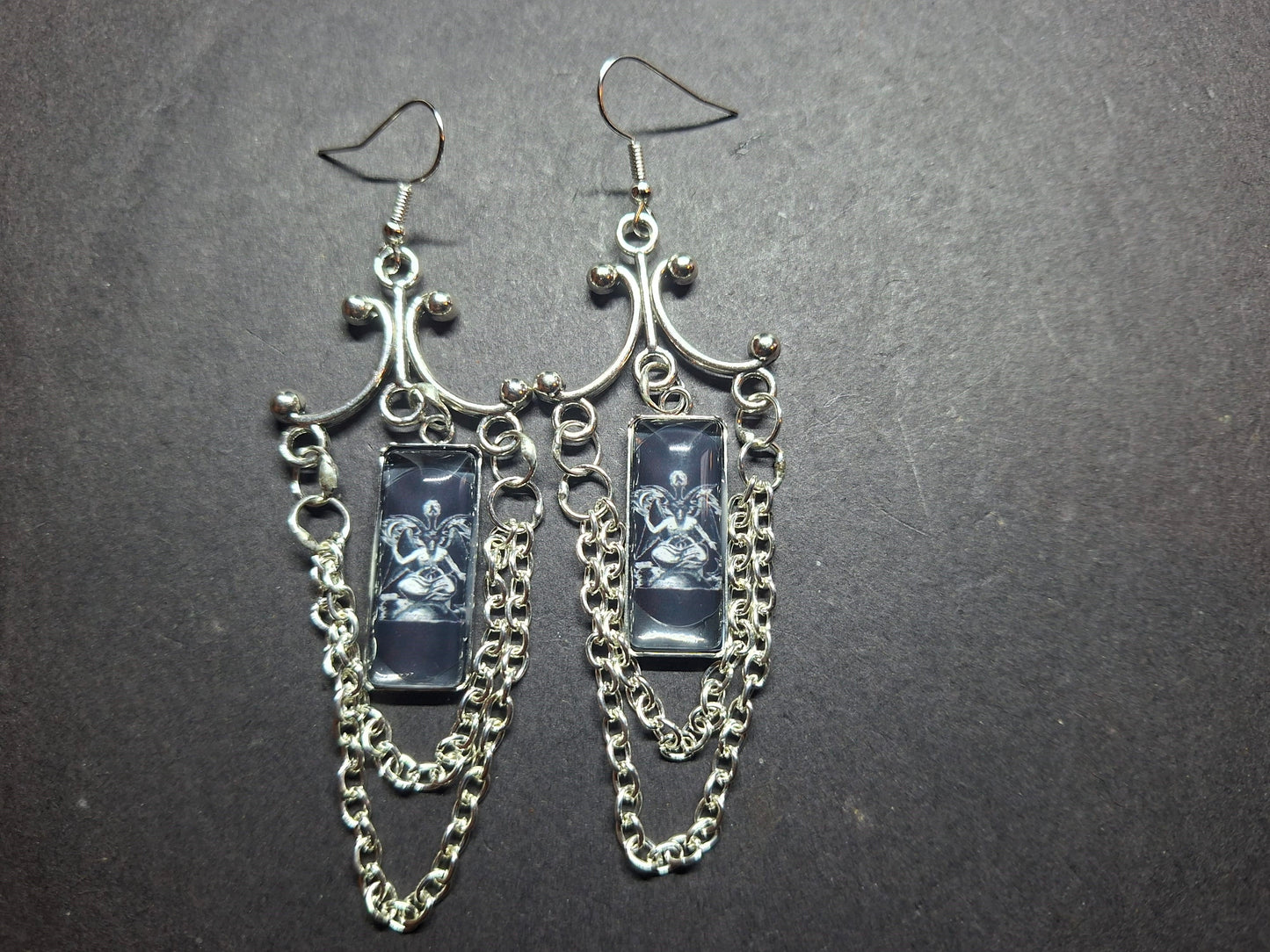 Goth Gothic Witchy Occult "Satanic Chandelier" Stainless Steel rectangle image earrings with chains
