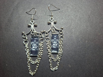 Goth Gothic Witchy Occult "Satanic Chandelier" Stainless Steel rectangle image earrings with chains