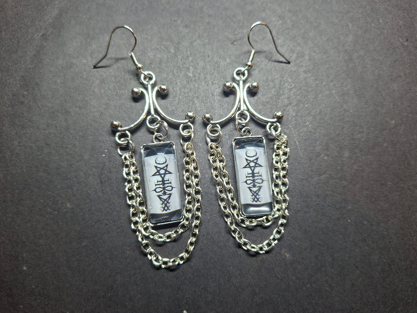 Goth Gothic Witchy Occult "Satanic Chandelier" Stainless Steel rectangle image earrings with chains
