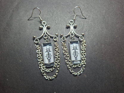 Goth Gothic Witchy Occult "Satanic Chandelier" Stainless Steel rectangle image earrings with chains