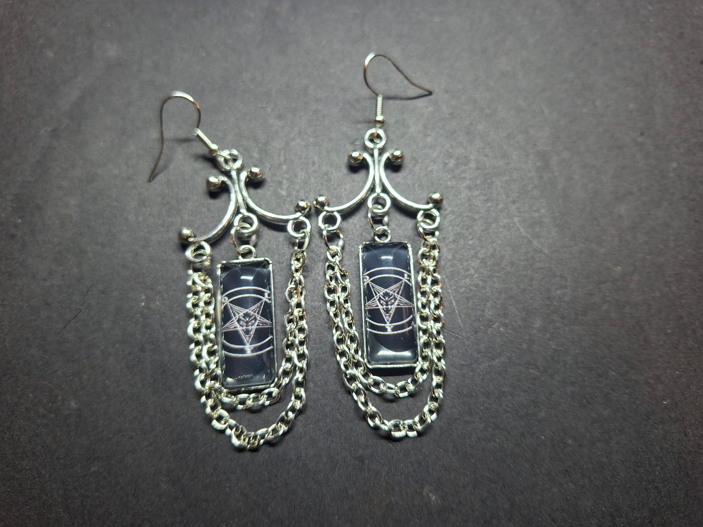 Goth Gothic Witchy Occult "Satanic Chandelier" Stainless Steel rectangle image earrings with chains